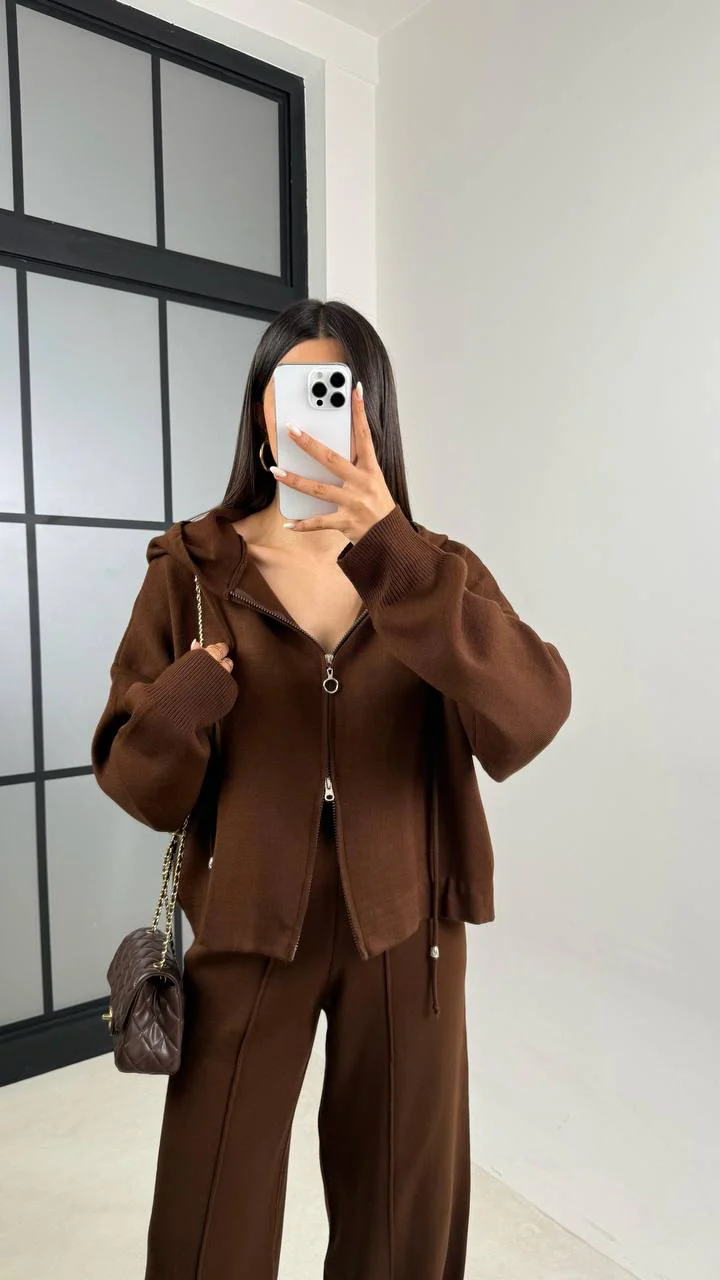 Brown Triko Zip-Up Hoodie Set With Pants Slits - Image 6